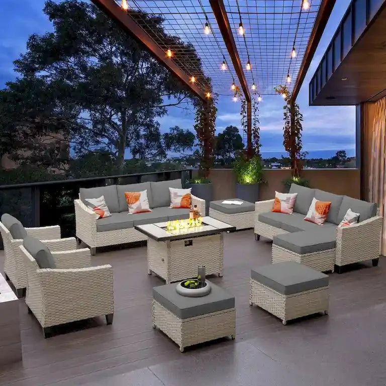 Salon de jardin 9 pièces en résine tressée avec table brasero Merrelo™