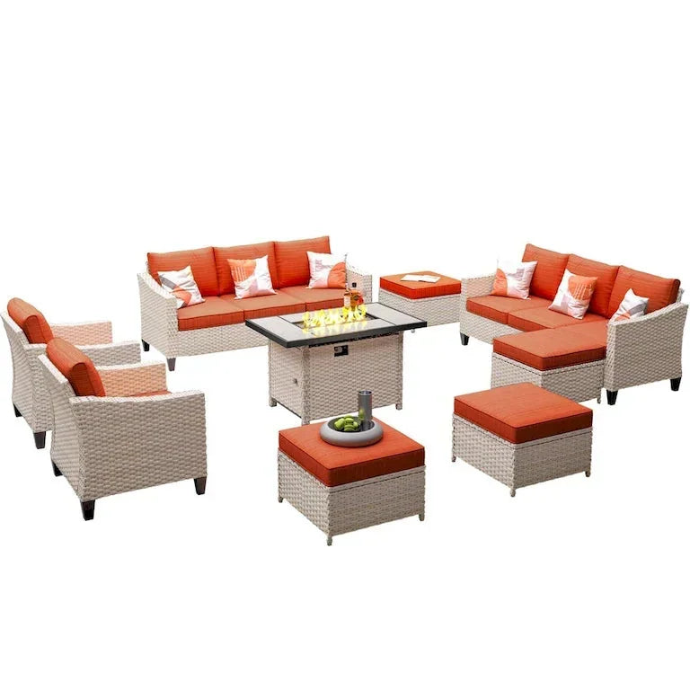 Salon de jardin 9 pièces en résine tressée avec table brasero Merrelo™