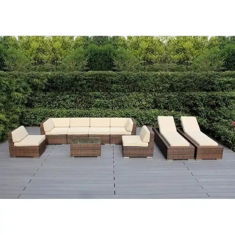Salon de jardin 9 pièces en résine tressée brune avec coussins — sans montage Merrelo™