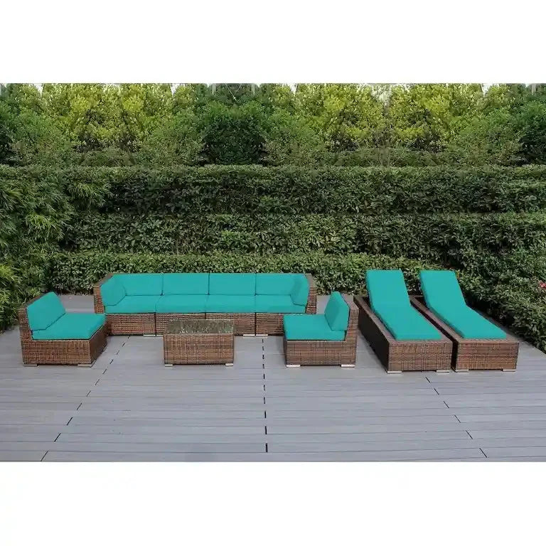 Salon de jardin 9 pièces en résine tressée brune avec coussins — sans montage Merrelo™