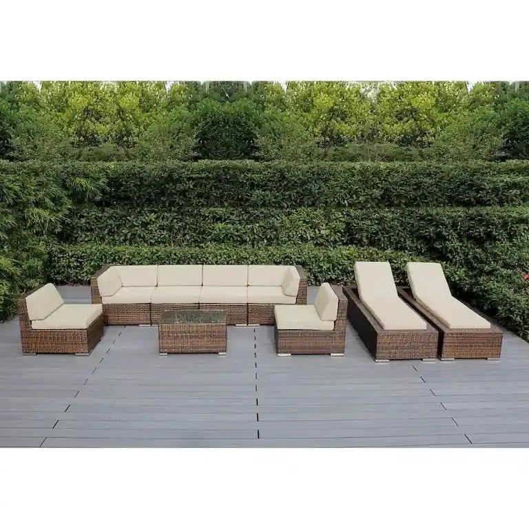Salon de jardin 9 pièces en résine tressée brune avec coussins — sans montage Merrelo™