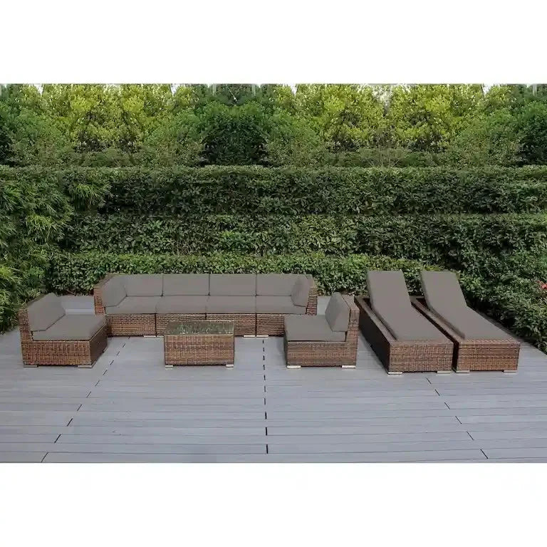Salon de jardin 9 pièces en résine tressée brune avec coussins — sans montage Merrelo™