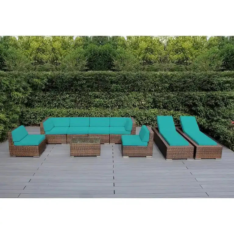 Salon de jardin 9 pièces en résine tressée brune avec coussins — sans montage Merrelo™