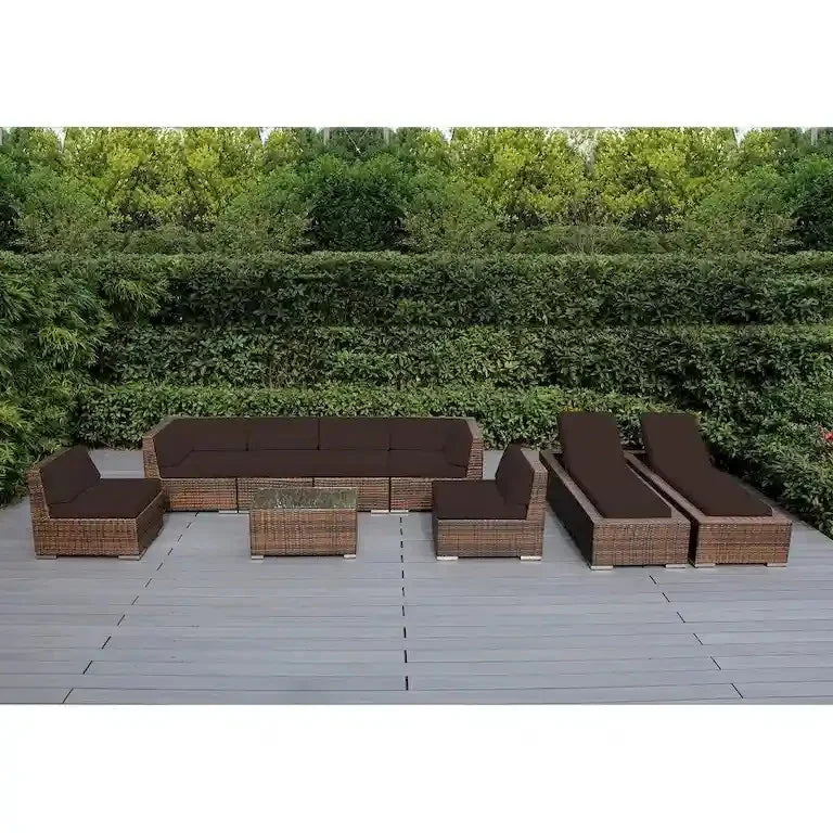 Salon de jardin 9 pièces en résine tressée brune avec coussins — sans montage Merrelo™