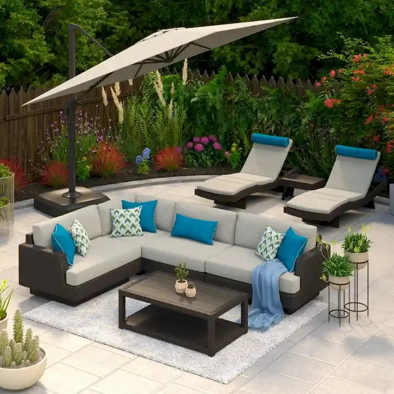 Salon de jardin et repas 9 pièces en tissu Sunbrella avec parasol Merrelo™