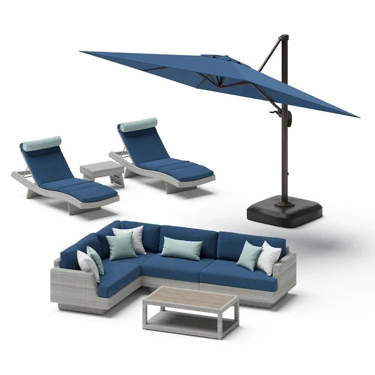 Salon de jardin et repas 9 pièces en tissu Sunbrella avec parasol Merrelo™