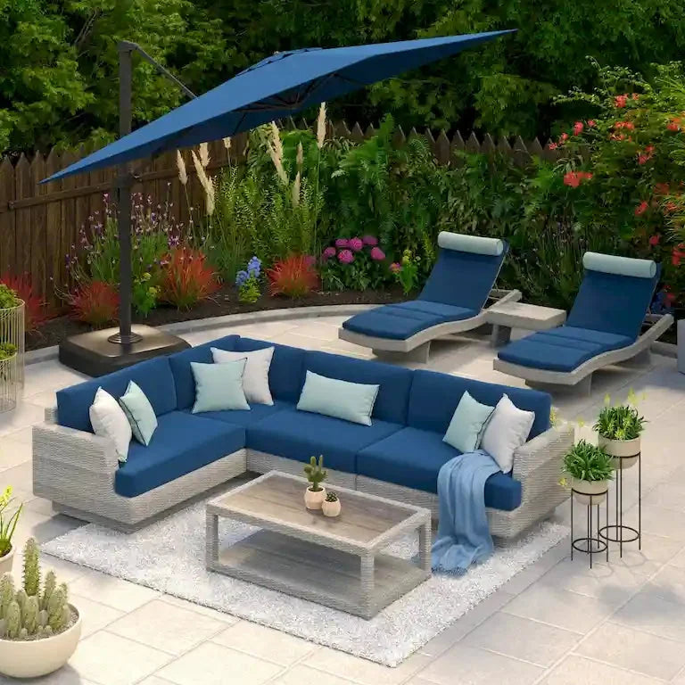 Salon de jardin et repas 9 pièces en tissu Sunbrella avec parasol Merrelo™